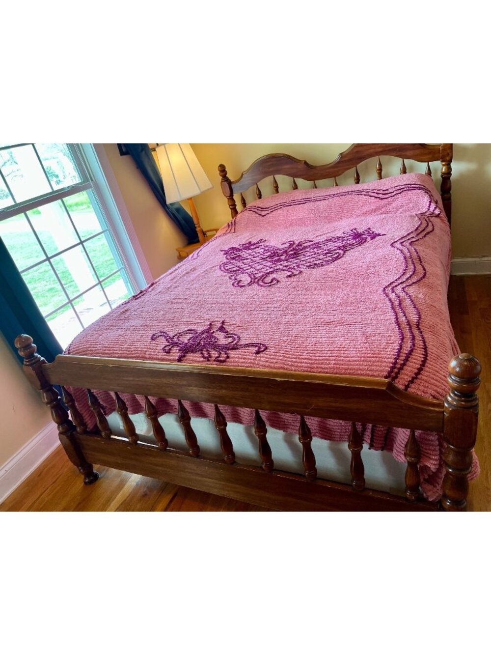 Vintage Pink Chenille Bedspread With Purple Floral Design - Full Size - Soft Cot